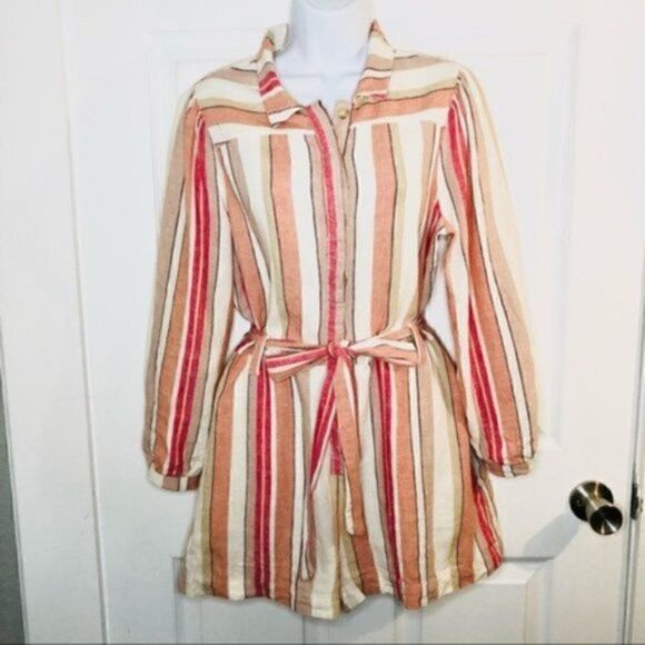 Francesca’s Coco & Jaimeson Brand Rosy Stripe Belted Linen Romper Cream Pink M - Picture 6 of 16